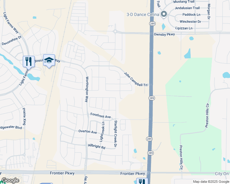 map of restaurants, bars, coffee shops, grocery stores, and more near 414 Camille Crossing in Celina