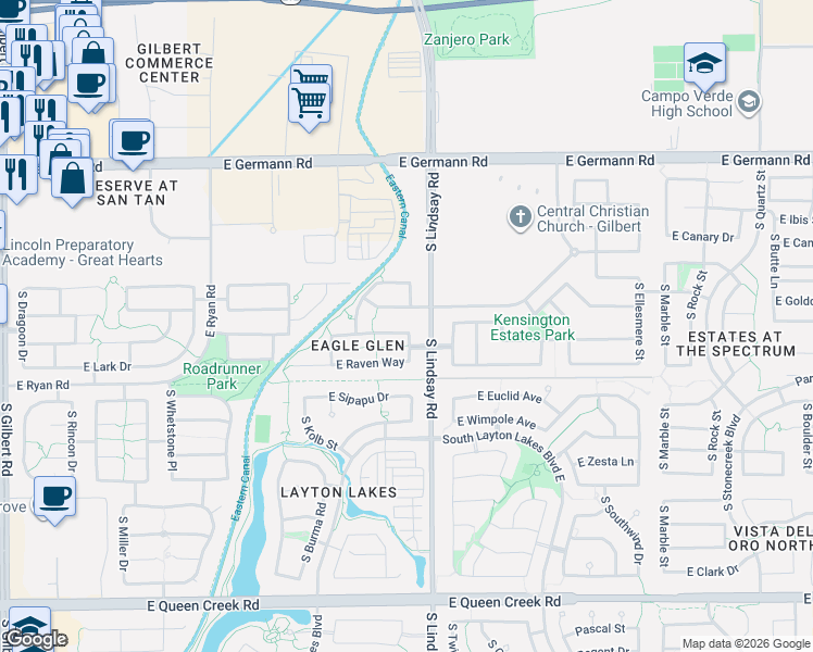 map of restaurants, bars, coffee shops, grocery stores, and more near 737 East Hummingbird Way in Gilbert