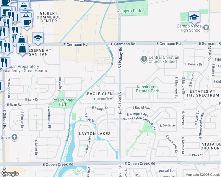 map of restaurants, bars, coffee shops, grocery stores, and more near 737 East Hummingbird Way in Gilbert
