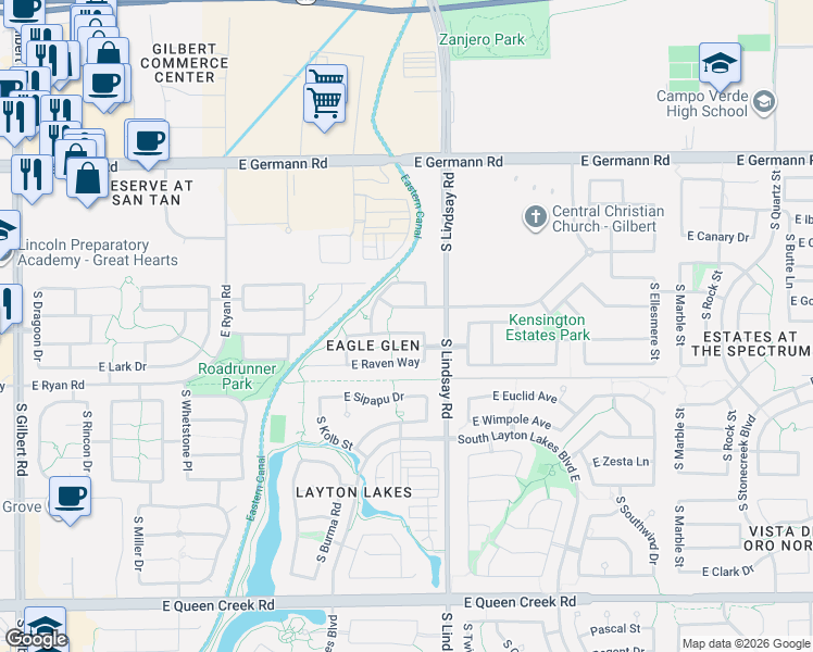 map of restaurants, bars, coffee shops, grocery stores, and more near 737 East Hummingbird Way in Gilbert