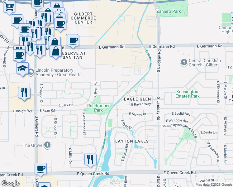map of restaurants, bars, coffee shops, grocery stores, and more near 3715 East Bluebird Place in Chandler