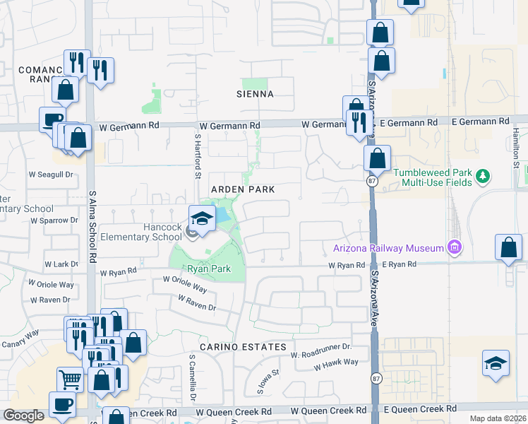 map of restaurants, bars, coffee shops, grocery stores, and more near 291 West Sparrow Drive in Chandler