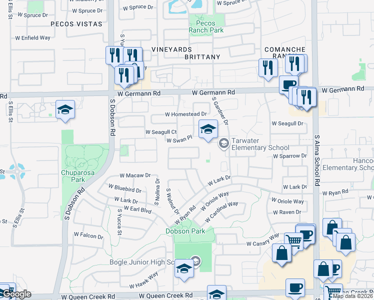 map of restaurants, bars, coffee shops, grocery stores, and more near 1663 West Sparrow Drive in Chandler