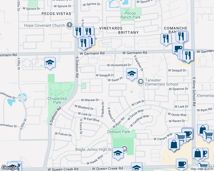 map of restaurants, bars, coffee shops, grocery stores, and more near 2300 South Walnut Drive in Chandler