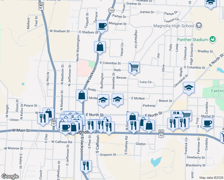 map of restaurants, bars, coffee shops, grocery stores, and more near 421 Smith in Magnolia