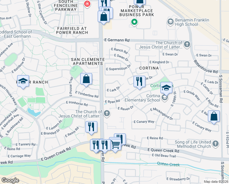 map of restaurants, bars, coffee shops, grocery stores, and more near 18495 East Lark Drive in Queen Creek