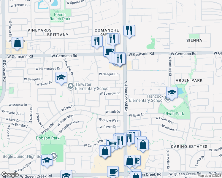 map of restaurants, bars, coffee shops, grocery stores, and more near 1173 West Sparrow Drive in Chandler