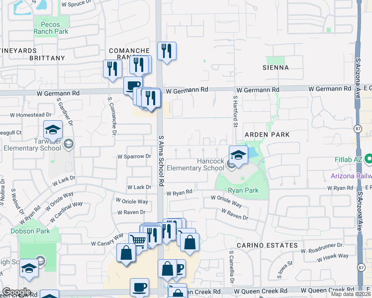 map of restaurants, bars, coffee shops, grocery stores, and more near 2292 South McClelland Place in Chandler