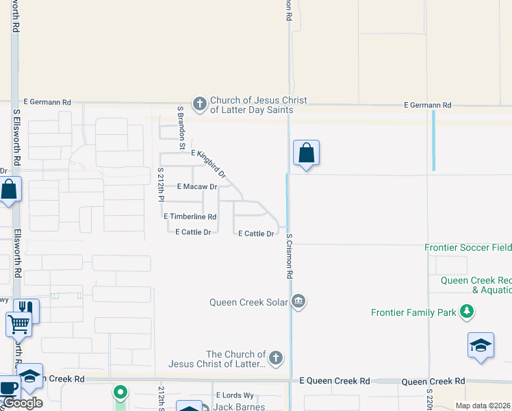 map of restaurants, bars, coffee shops, grocery stores, and more near 21959 East Germann Road in Queen Creek