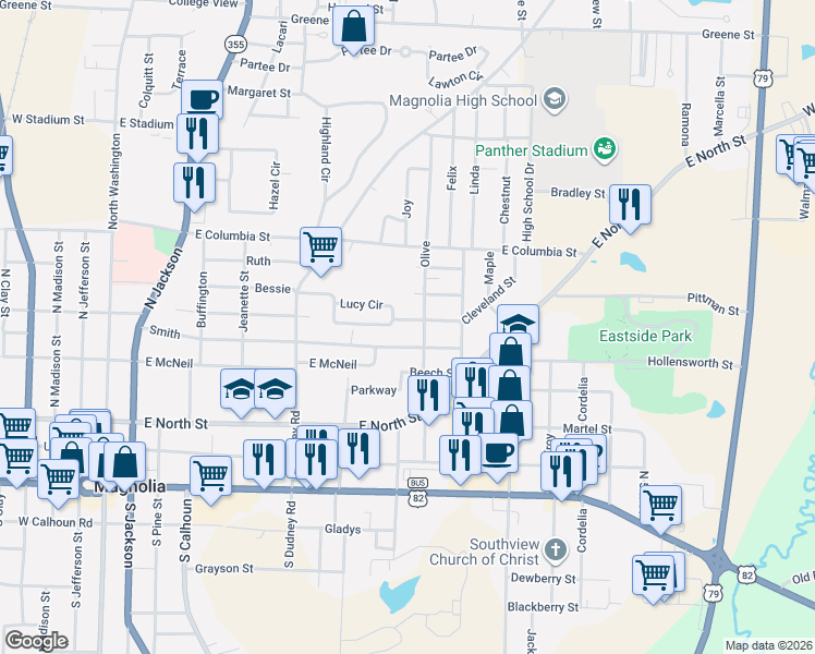 map of restaurants, bars, coffee shops, grocery stores, and more near 711 Olive in Magnolia