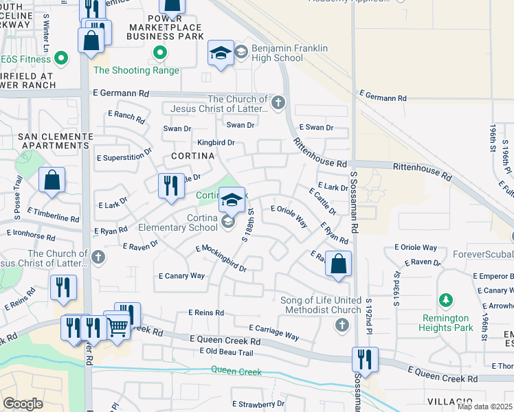 map of restaurants, bars, coffee shops, grocery stores, and more near 19620 South 189th Street in Queen Creek