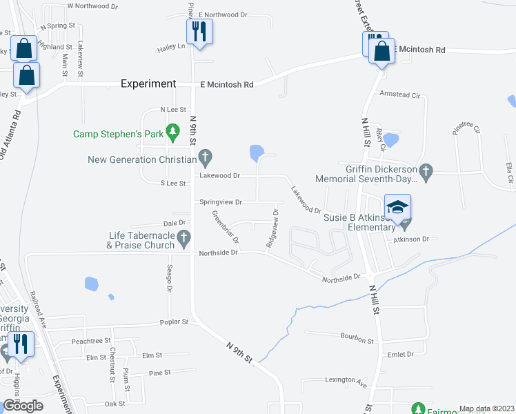 map of restaurants, bars, coffee shops, grocery stores, and more near 400 Springview Drive in Griffin