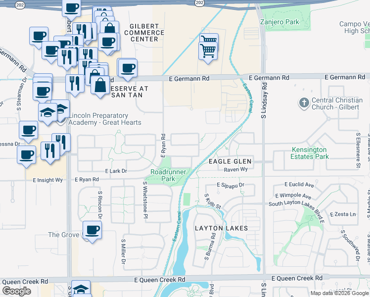 map of restaurants, bars, coffee shops, grocery stores, and more near 3642 East Sparrow Place in Chandler