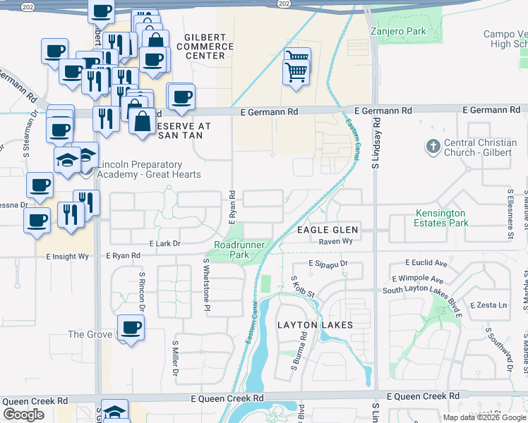 map of restaurants, bars, coffee shops, grocery stores, and more near 3642 East Sparrow Place in Chandler