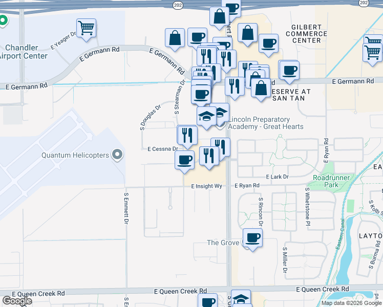 map of restaurants, bars, coffee shops, grocery stores, and more near 2301 South Stearman Drive in Chandler