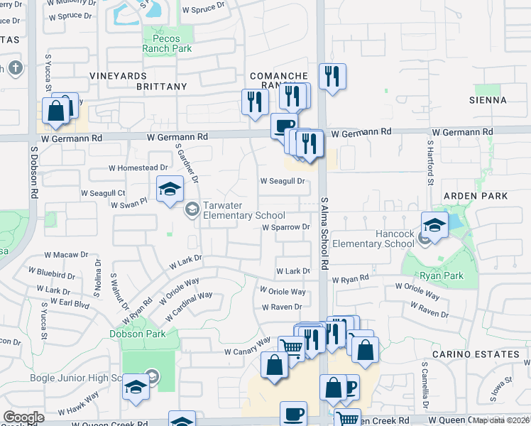 map of restaurants, bars, coffee shops, grocery stores, and more near 1207 West Swan Drive in Chandler
