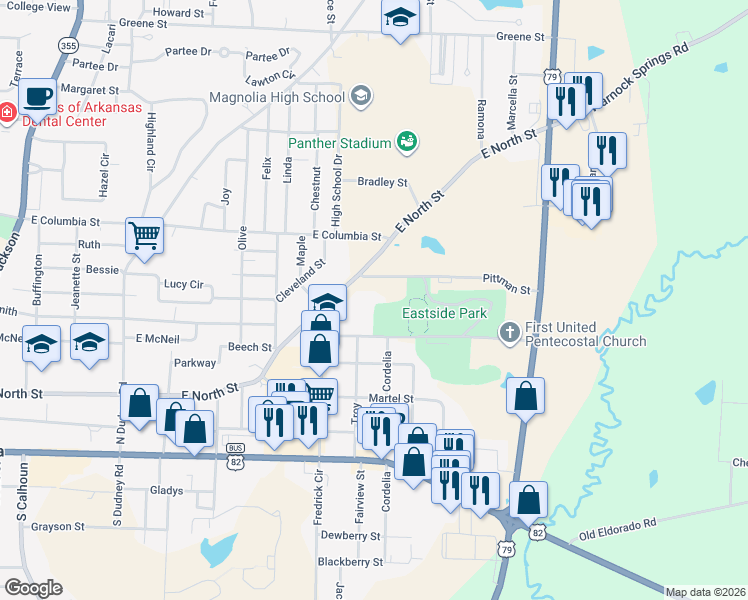 map of restaurants, bars, coffee shops, grocery stores, and more near 1501 Pittman Street in Magnolia