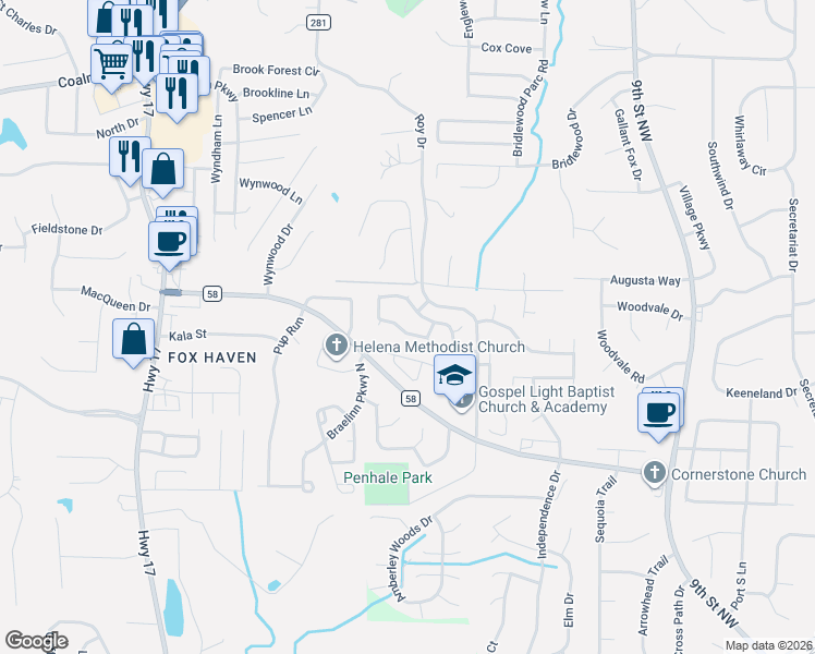 map of restaurants, bars, coffee shops, grocery stores, and more near 135 Cedar Bend Drive in Helena