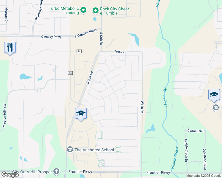 map of restaurants, bars, coffee shops, grocery stores, and more near 3453-3935 County Road 84 in Prosper