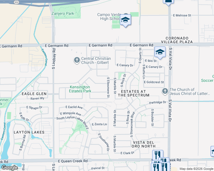 map of restaurants, bars, coffee shops, grocery stores, and more near 1162 East Kensington Road in Gilbert