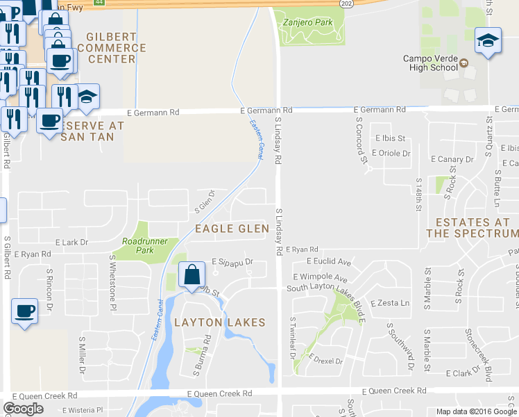map of restaurants, bars, coffee shops, grocery stores, and more near 749 East lovebird Lane in Gilbert