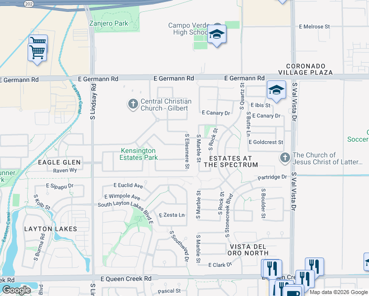 map of restaurants, bars, coffee shops, grocery stores, and more near 1162 East Kensington Road in Gilbert