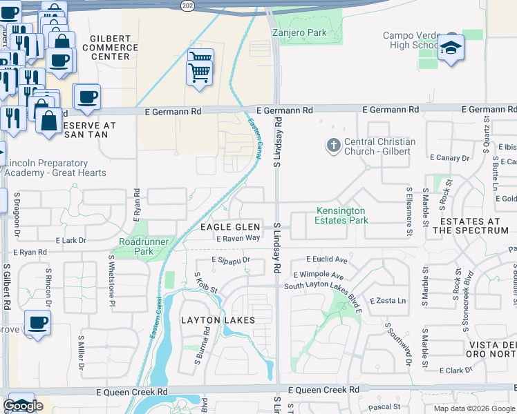 map of restaurants, bars, coffee shops, grocery stores, and more near 749 East lovebird Lane in Gilbert