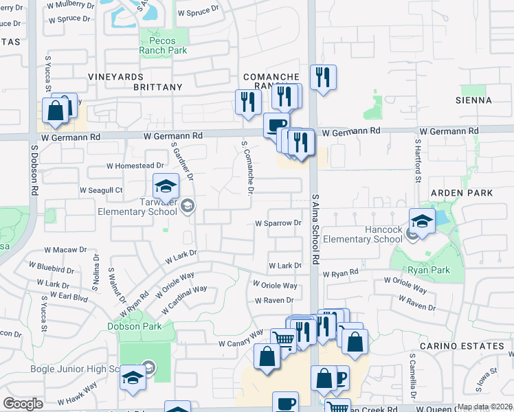 map of restaurants, bars, coffee shops, grocery stores, and more near 2261 South Comanche Drive in Chandler