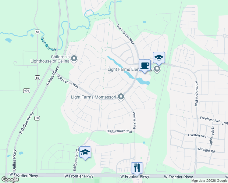 map of restaurants, bars, coffee shops, grocery stores, and more near 1326 Cottonwood Drive in Celina
