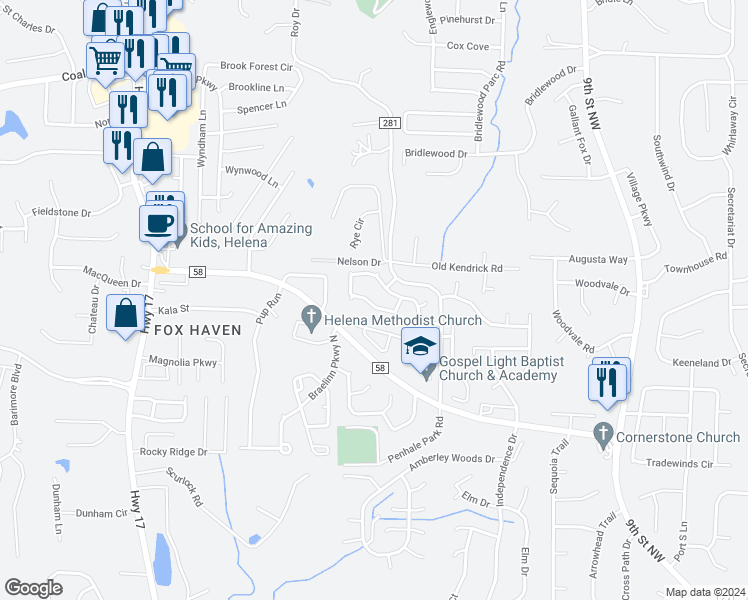 map of restaurants, bars, coffee shops, grocery stores, and more near 175 Cedar Bend Drive in Helena