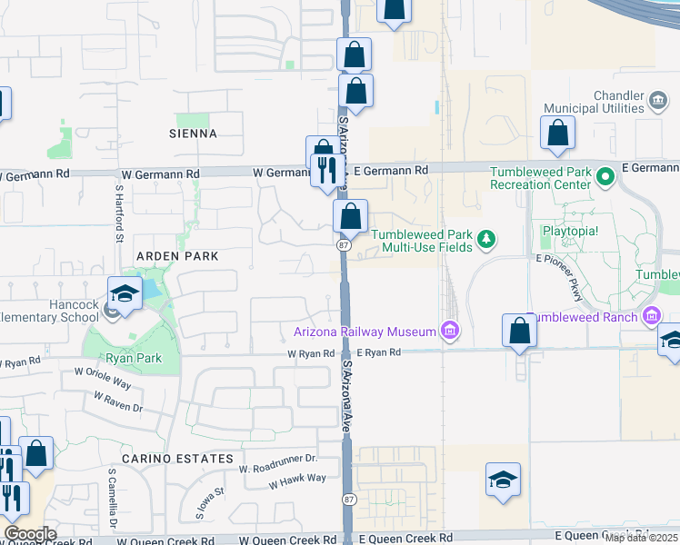 map of restaurants, bars, coffee shops, grocery stores, and more near 19184 South Arizona Avenue in Chandler