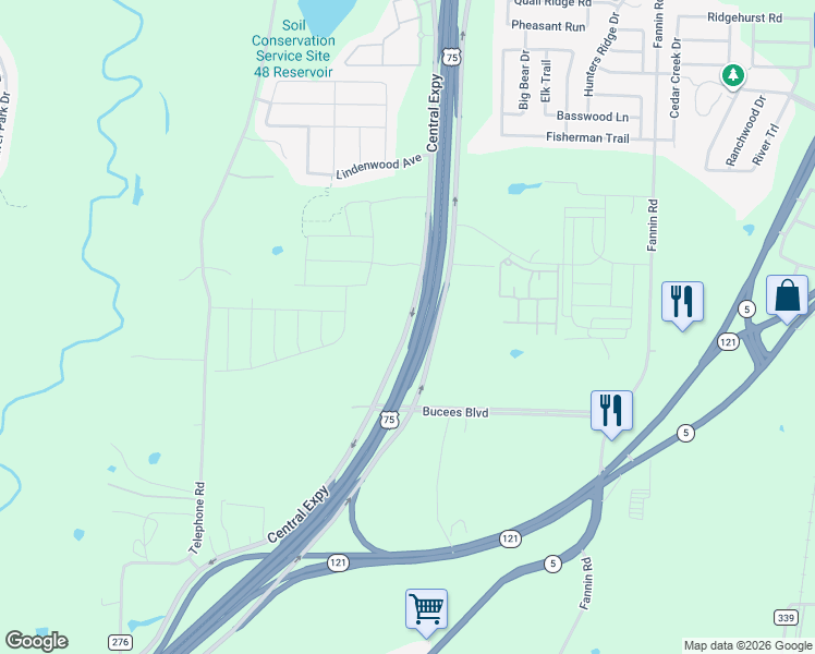map of restaurants, bars, coffee shops, grocery stores, and more near 4129-4195 Central Expressway in Melissa