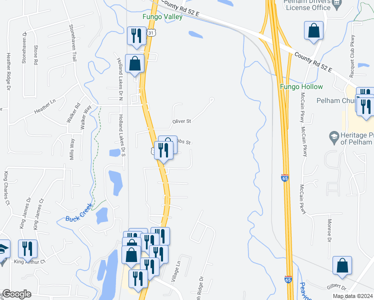 map of restaurants, bars, coffee shops, grocery stores, and more near 433 Midridge Lane in Pelham