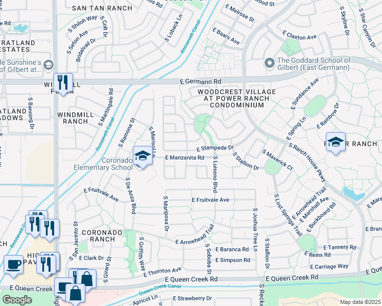 map of restaurants, bars, coffee shops, grocery stores, and more near 3726 East Stampede Drive in Gilbert