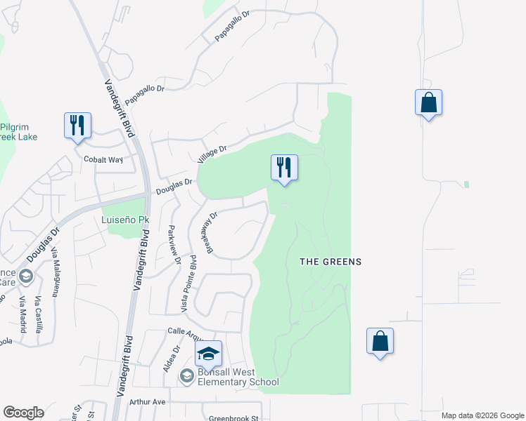 map of restaurants, bars, coffee shops, grocery stores, and more near 1212 Breakaway Drive in Oceanside