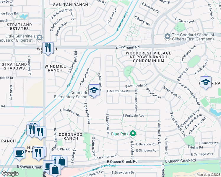 map of restaurants, bars, coffee shops, grocery stores, and more near 3655 East Stampede Drive in Gilbert