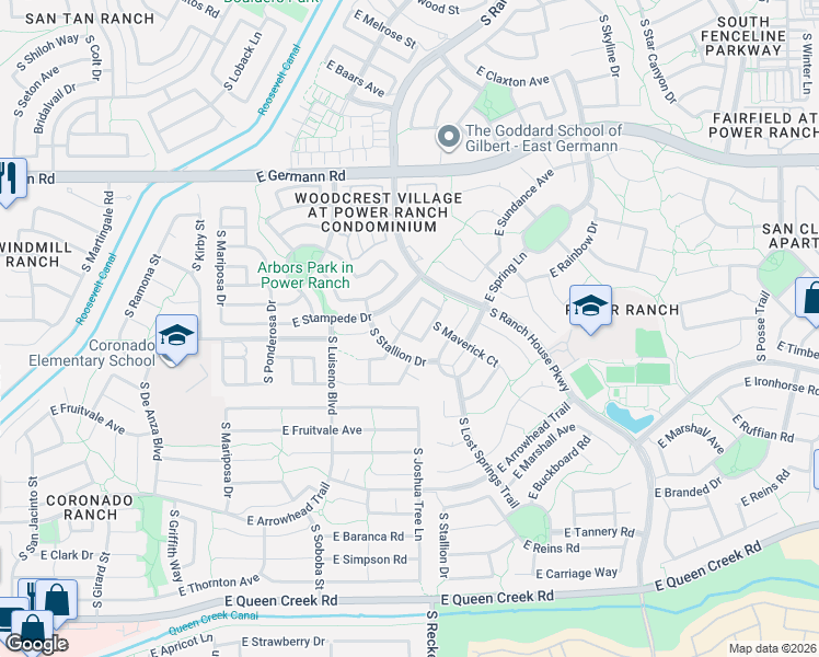 map of restaurants, bars, coffee shops, grocery stores, and more near 4016 East Ironhorse Road in Gilbert