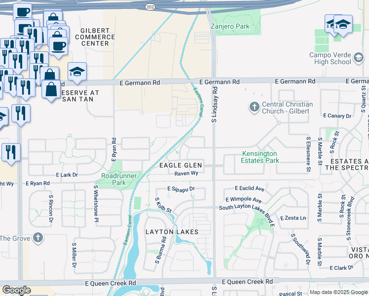 map of restaurants, bars, coffee shops, grocery stores, and more near 4263 South Renaissance Drive in Gilbert