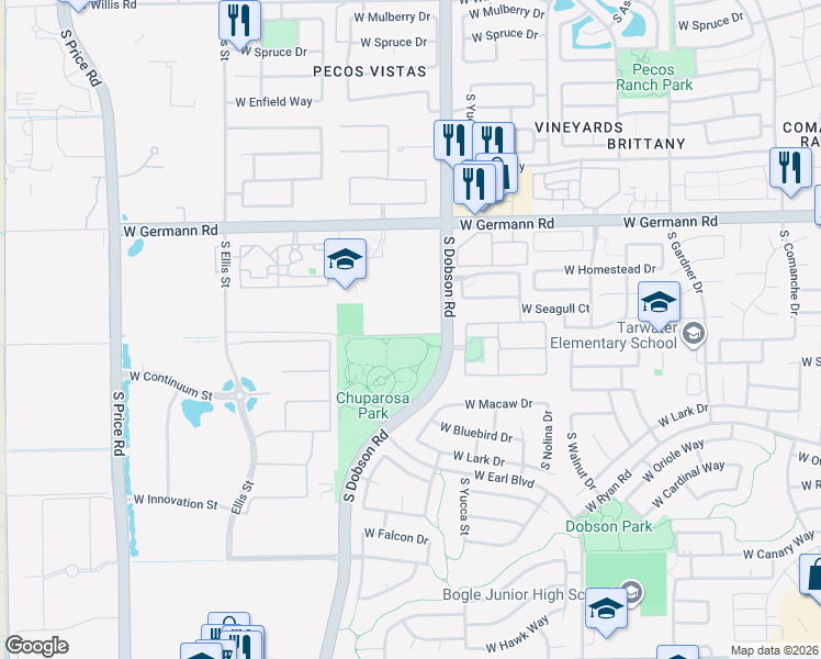 map of restaurants, bars, coffee shops, grocery stores, and more near 2222 South Dobson Road in Chandler