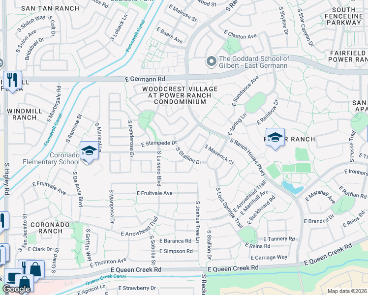 map of restaurants, bars, coffee shops, grocery stores, and more near 4294 South Woodshed Road in Gilbert