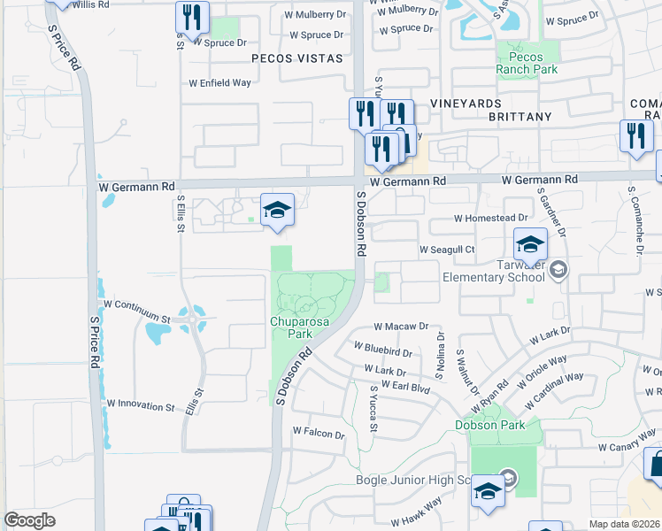 map of restaurants, bars, coffee shops, grocery stores, and more near 2222 South Dobson Road in Chandler