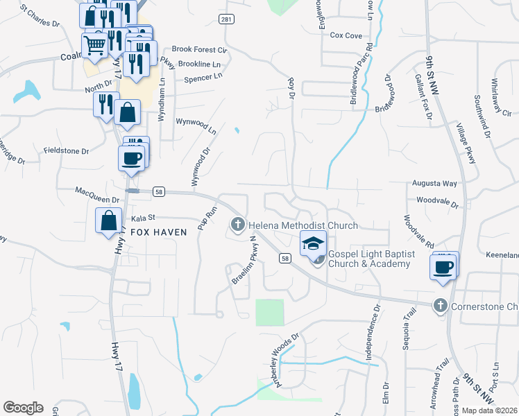 map of restaurants, bars, coffee shops, grocery stores, and more near 162 Cedar Bend Drive in Helena