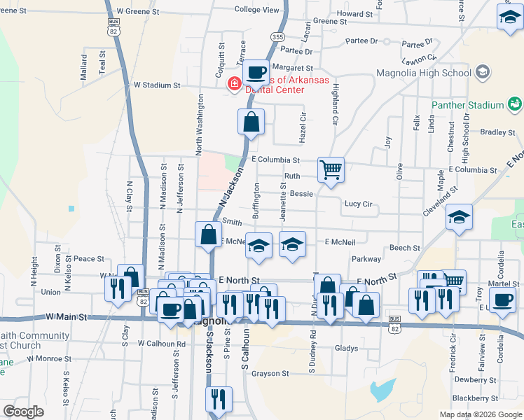 map of restaurants, bars, coffee shops, grocery stores, and more near 420 Magnolia in Magnolia