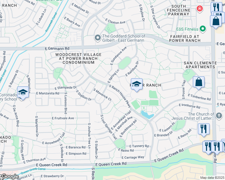 map of restaurants, bars, coffee shops, grocery stores, and more near 4325 South Rim Court in Gilbert