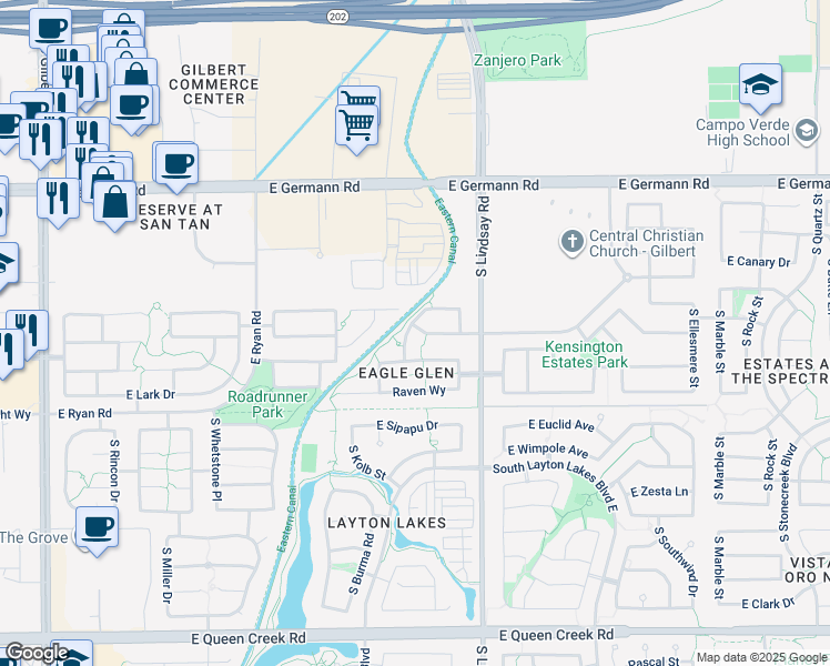 map of restaurants, bars, coffee shops, grocery stores, and more near 4263 South Renaissance Drive in Gilbert