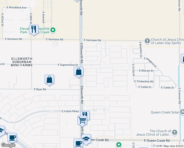 map of restaurants, bars, coffee shops, grocery stores, and more near 20886 East Sparrow Drive in Queen Creek