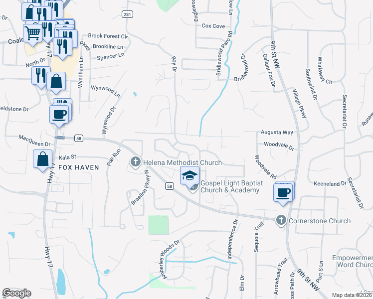 map of restaurants, bars, coffee shops, grocery stores, and more near 122 Cedar Bend Drive in Helena