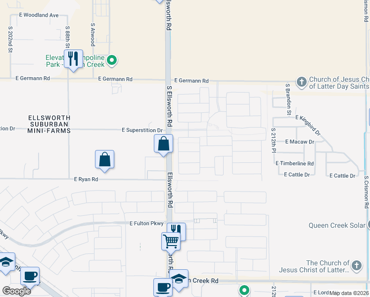 map of restaurants, bars, coffee shops, grocery stores, and more near 20886 East Sparrow Drive in Queen Creek
