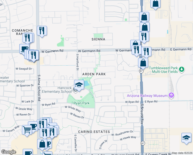 map of restaurants, bars, coffee shops, grocery stores, and more near 358 West Kingbird Drive in Chandler