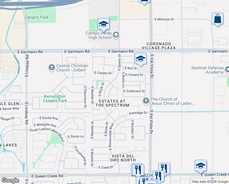 map of restaurants, bars, coffee shops, grocery stores, and more near 4245 South Summit Street in Gilbert